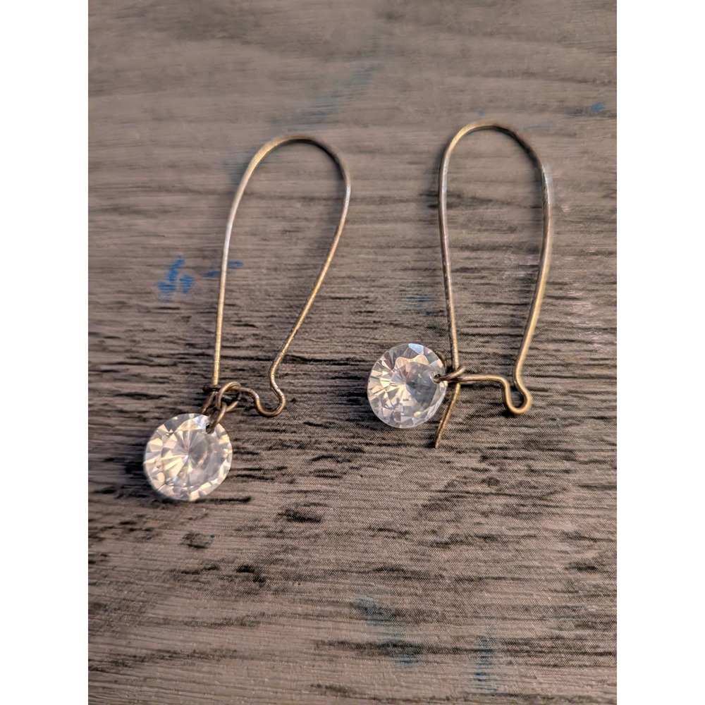 Vintage Clear Crystal Drop Earrings Kidney Wire Dangle Brass Tone Minimalist